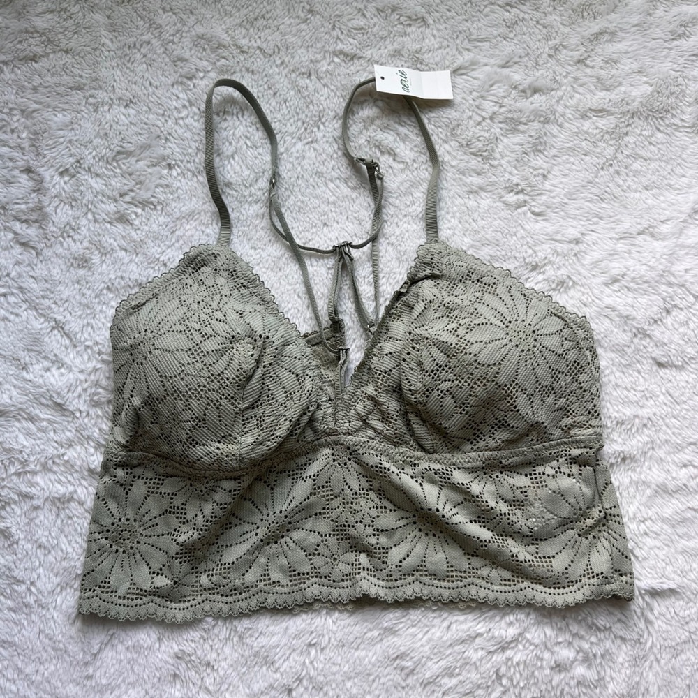 Aerie Sage Green Floral Lace Longline Bralette Strappy Back 3358-341 Womens M